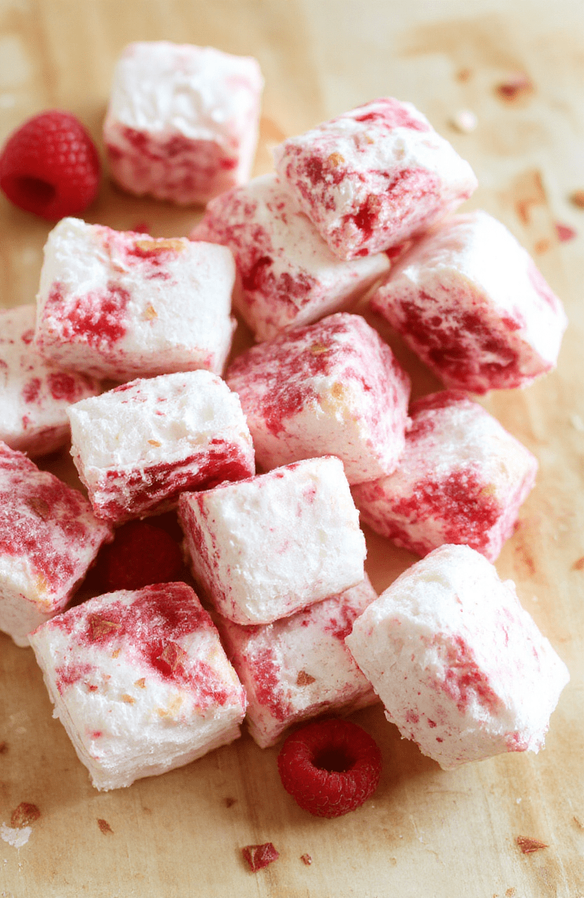 Fluffy pink raspberry marshmallows arranged on a white plate dusted with powdered sugar, fresh raspberries nearby, a light marble backdrop and soft natural light highlight the airy texture and delicate finish.