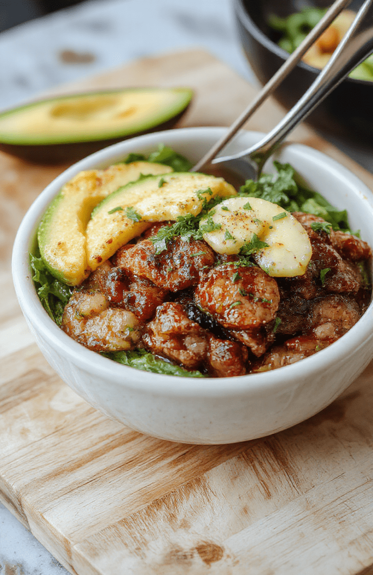 A vibrant fresh healthy burger bowl plated in a wide white bowl on a light wooden table. A bed of crisp romaine greens forms the base, topped with golden-burnished ground beef, tomato halves, cucumber dice, and silky avocado slices. A sprinkle of feta adds a tangy touch, and a dollop of yogurt-lime dressing trails artfully across the top. Bright colors, clean texture, and modern minimalist styling evoke healthy, fast weeknight dining.