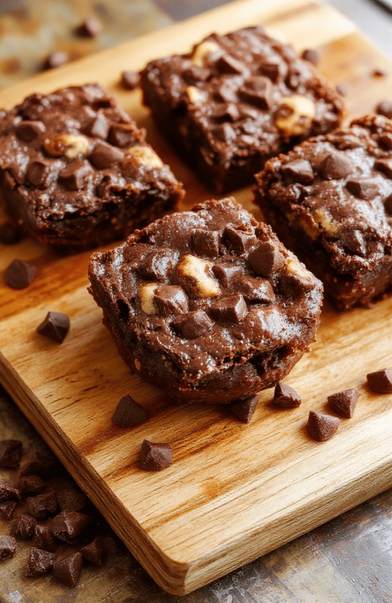 Fudgy chocolate chip cookie brownies plated in a square pan, cut into neat squares. Rich dark brownie crust with glossy surface and pockets of melted chocolate, swirled with chunks of chocolate chips. Golden-brown cookie dough bits peek through. The bars sit on a light wooden board with a dusting of flaky sea salt and a drizzle of extra chocolate. Warm, inviting, and cozy dessert styling with soft natural light.