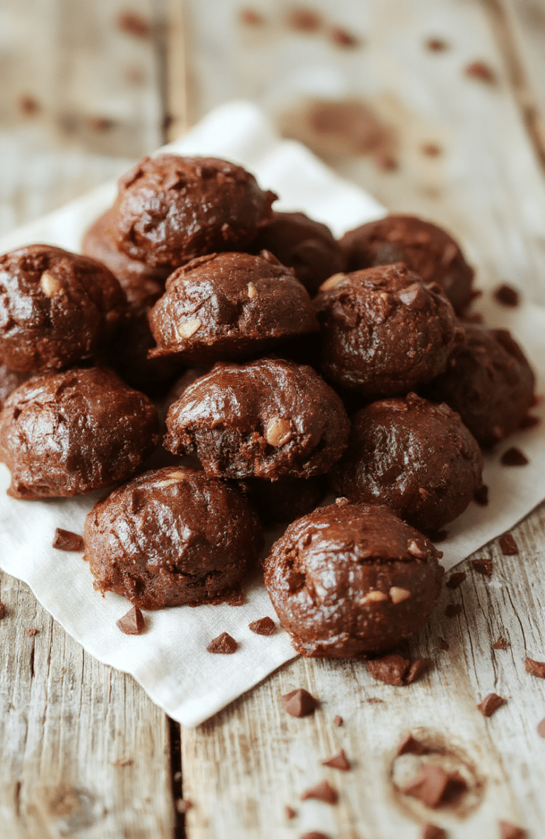 A close-up image of fudgy protein brownie bites stacked on a slate plate, glossy chocolate glaze, almond slices, and a dusting of cocoa. The bites are dark, fudgy, and moist with a crackly top, arranged with a few berries and a sprinkle of sea salt for contrast.
