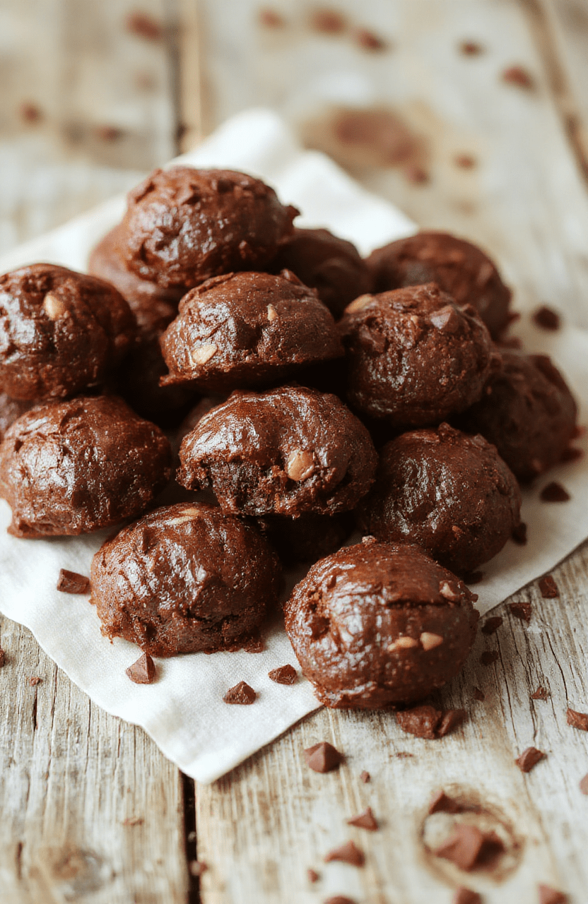 A close-up image of fudgy protein brownie bites stacked on a slate plate, glossy chocolate glaze, almond slices, and a dusting of cocoa. The bites are dark, fudgy, and moist with a crackly top, arranged with a few berries and a sprinkle of sea salt for contrast.