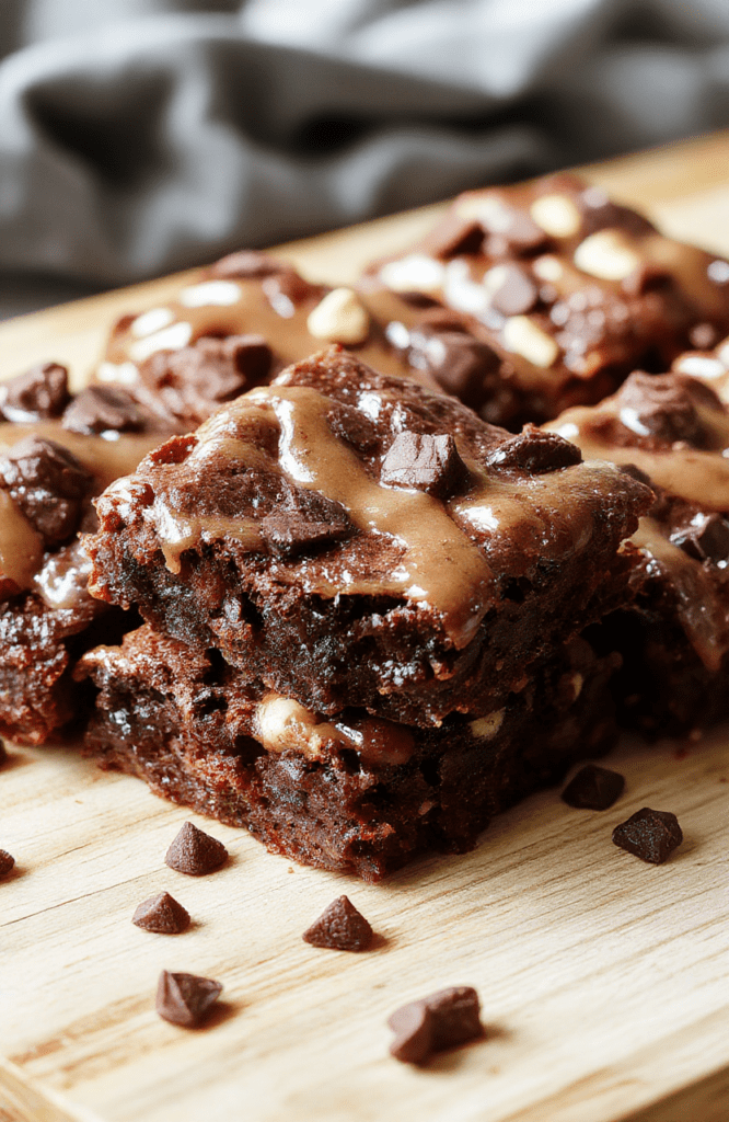 Luxurious fudgy yogurt brownies plated on a white square dish atop a light wood board. Rich dark chocolate crumb with a glossy surface, a dollop of yogurt glaze, cocoa powder dusting, and a mint leaf accent create a simple, inviting dessert scene in natural light.