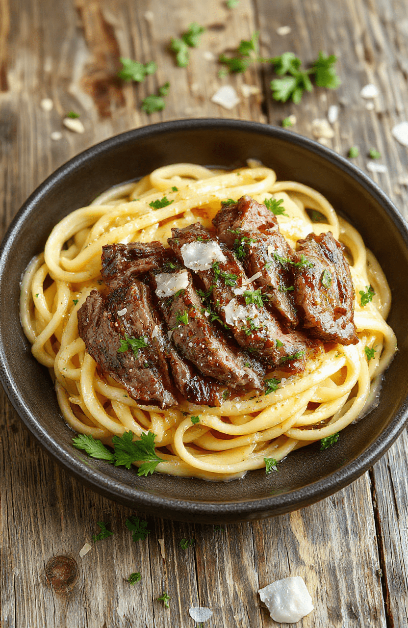 A plate of garlic butter steak pasta with seared steak slices on glossy linguine, parmesan shavings, and chopped parsley in a rich golden garlic butter sauce; lemon zest and cherry tomatoes add color for a simple, inviting supper.