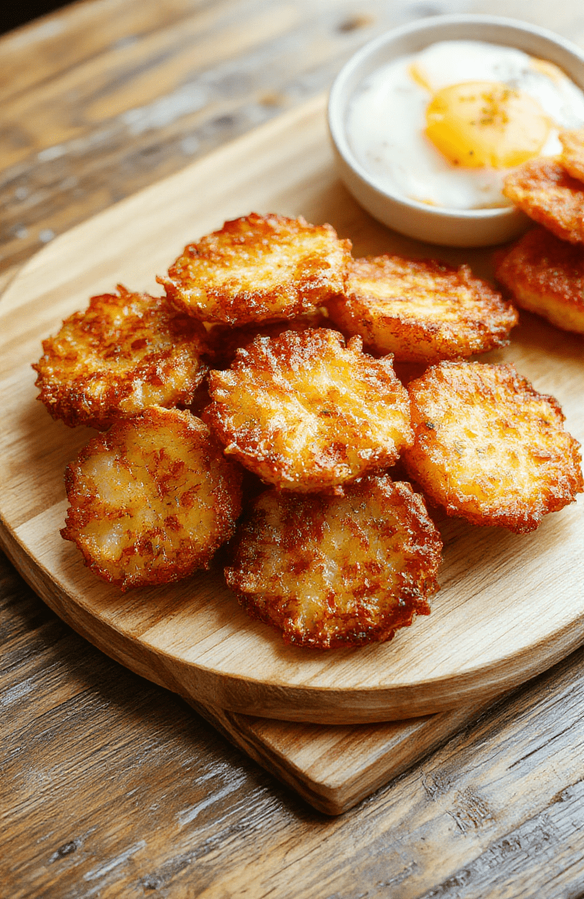 A close-up shot of golden crispy hash browns stacked on a white plate, flecked with black pepper; a bright yolk peeks from a side of eggs, and a sprinkle of chopped parsley adds color. The plate sits on a light wooden table, with warm morning light highlighting the crackly crust and fluffy interior.