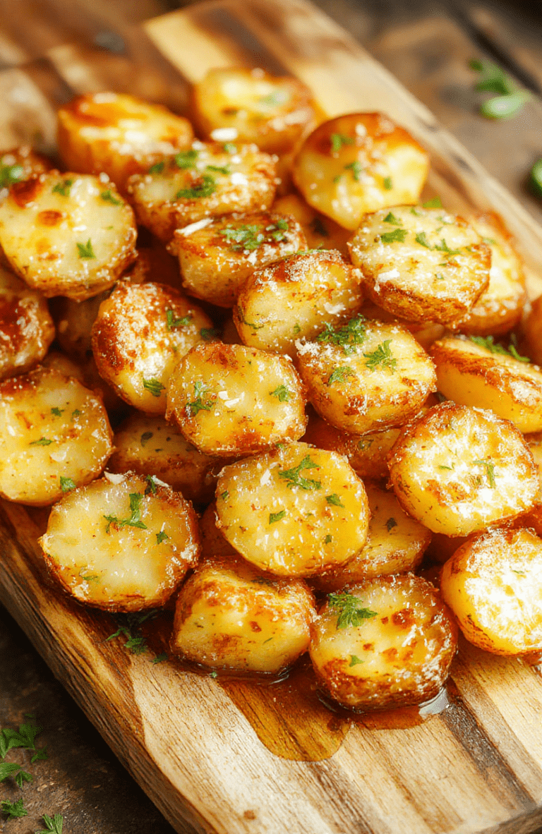 Golden parmesan potatoes with a crispy parmesan crust, garnished with chopped parsley and lemon zest, served on a rustic wooden board.