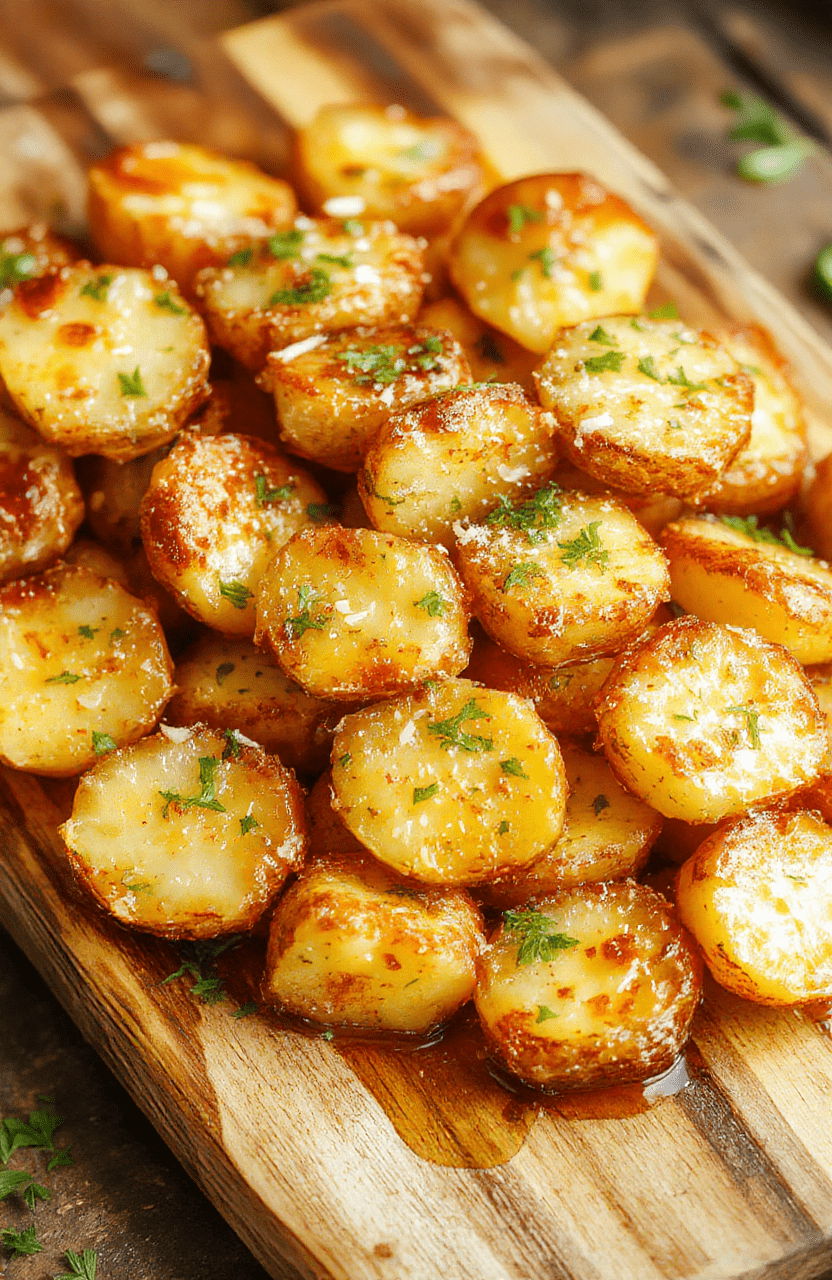 Golden parmesan potatoes with a crispy parmesan crust, garnished with chopped parsley and lemon zest, served on a rustic wooden board.