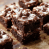 A plate of fudgy Greek yogurt brownies sits on a warm wooden board. The surface gleams with a glossy cocoa crust, and a clean cut reveals a moist, dense interior. A light dusting of cocoa powder and a few fresh berries add color and contrast, while a mint leaf hints at freshness.