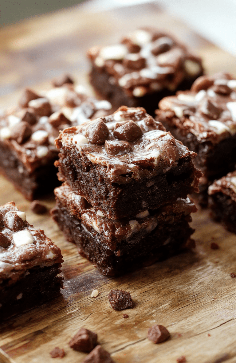 A plate of fudgy Greek yogurt brownies sits on a warm wooden board. The surface gleams with a glossy cocoa crust, and a clean cut reveals a moist, dense interior. A light dusting of cocoa powder and a few fresh berries add color and contrast, while a mint leaf hints at freshness.