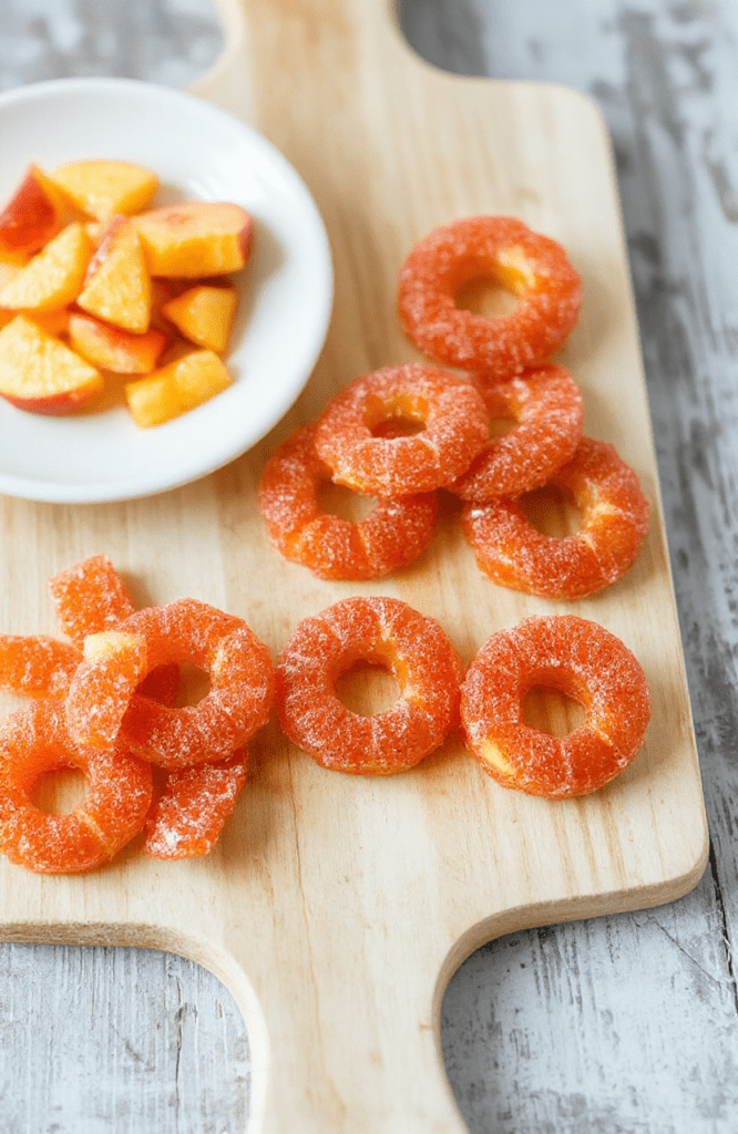 A vivid platter of bright peach gummy rings arranged in a colorful fan, each ring translucent orange-pink with visible peach bits, a light dusting of sugar, sliced peaches and mint leaves for garnish on a clean white plate with a hint of peach juice glistening.