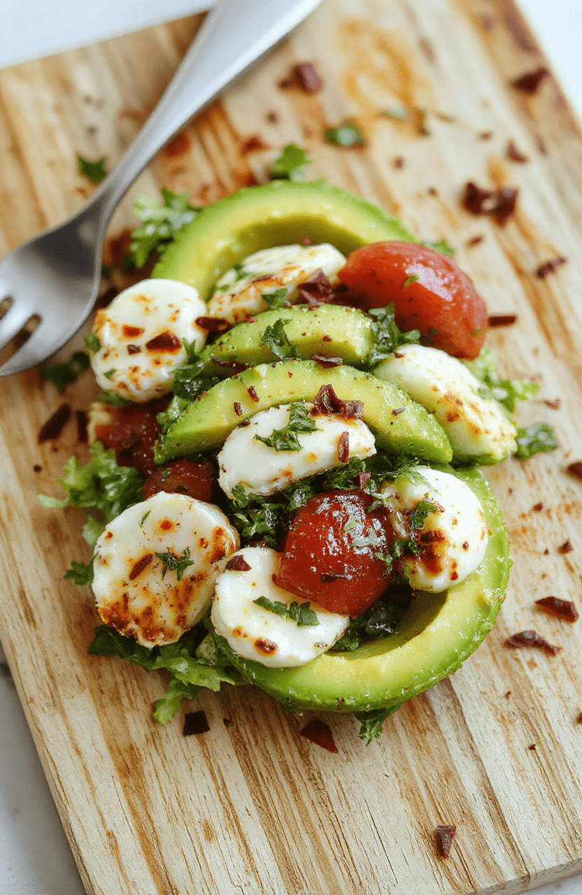 A vibrant healthy avocado caprese salad plated on a white ceramic dish: halved avocados stuffed with cherry tomatoes and mozzarella pearls, fresh basil leaves, a glossy olive oil drizzle, and a light balsamic glaze. The bright greens, red tomatoes, and creamy white cheese create contrast on a clean wooden table with a sprinkle of sea salt and cracked pepper.