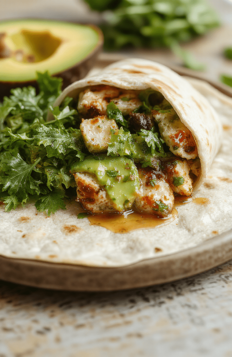 Bright, close-up view of a half-cut healthy chicken avocado wrap plated on a white dish. Visible layers include shredded chicken, creamy avocado slices, crisp lettuce, and halved cherry tomatoes, with a light yogurt-lemon drizzle. The plate sits on a rustic wooden table with fresh herbs for garnish, conveying freshness and a wholesome, high-protein lunch.