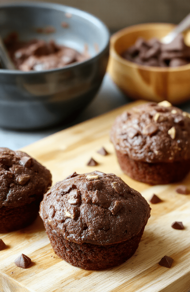 Six fluffy chocolate muffins with glossy tops sit on a light wooden board, cocoa dusting on the surface, a small bowl of yogurt and a few berries in the background, warm natural lighting and rustic plating.