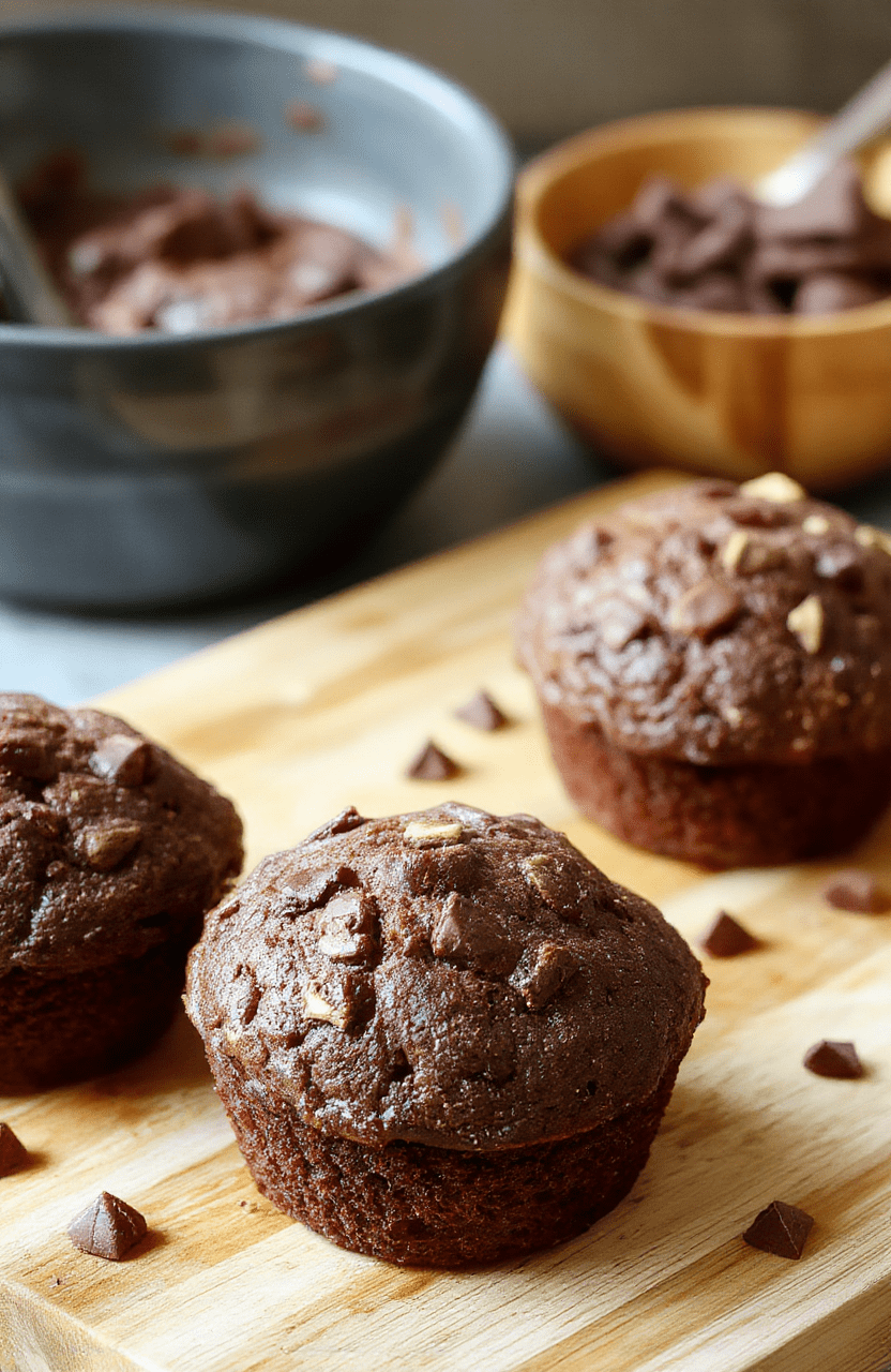 Six fluffy chocolate muffins with glossy tops sit on a light wooden board, cocoa dusting on the surface, a small bowl of yogurt and a few berries in the background, warm natural lighting and rustic plating.