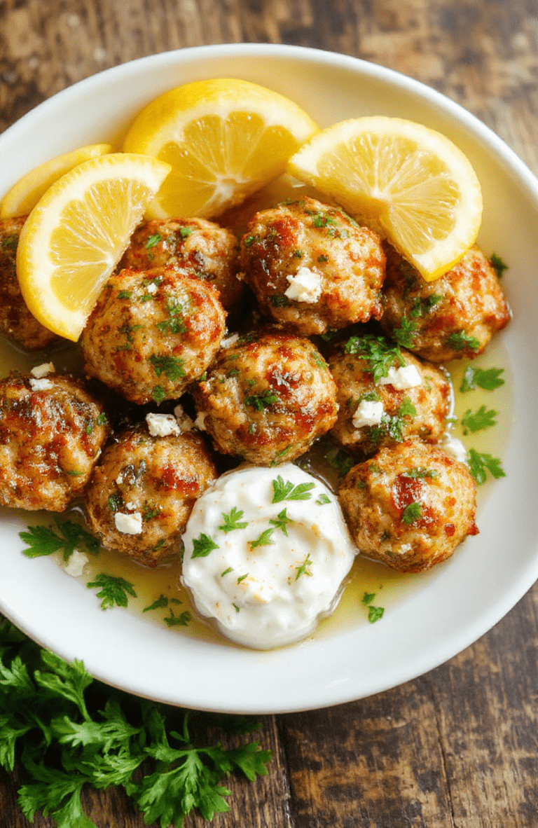 Golden-brown Greek chicken meatballs plated on a white dish with feta flecks, fresh parsley, and lemon wedges. Served with a dollop of tzatziki and crisp cucumber slices, on a rustic wooden board with a bright, inviting background.