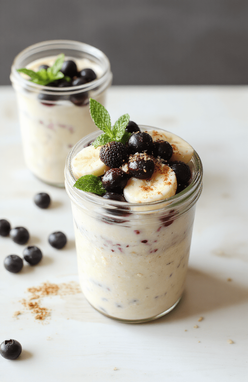 Creamy overnight oats in a glass jar, layered with vanilla yogurt and almond milk, topped with fresh berries, sliced banana, chia seeds, and a dusting of cinnamon. The jar sits on a light wooden surface with a mint sprig and a small bowl of oats in the background for texture.