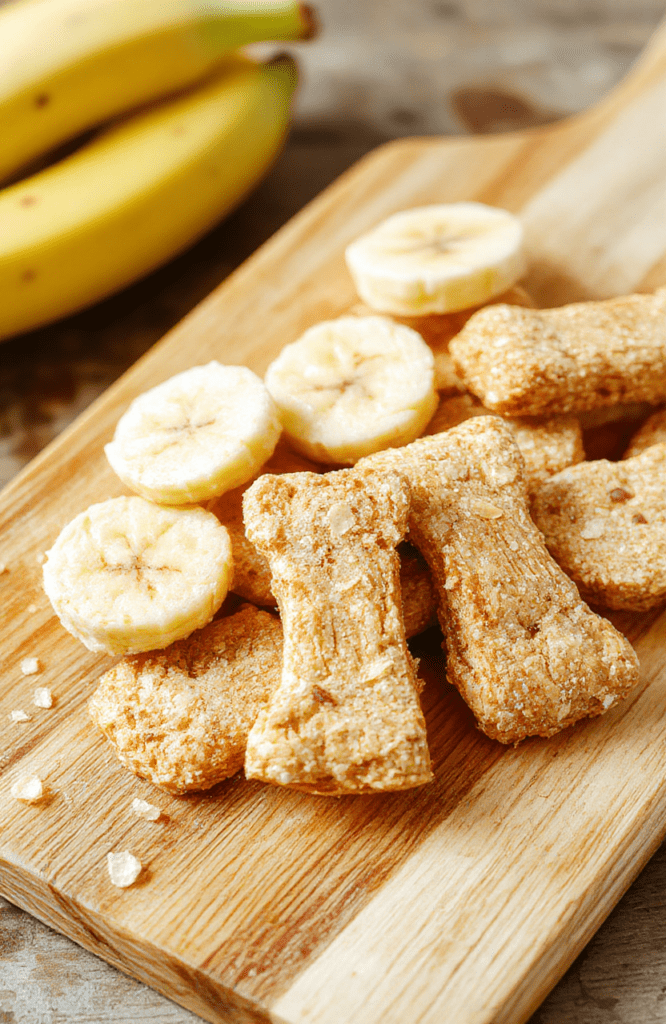 Golden-brown chewy dog chews studded with oats and banana, plated on a light wooden board with a dollop of peanut butter nearby, sprinkled with oats for texture.