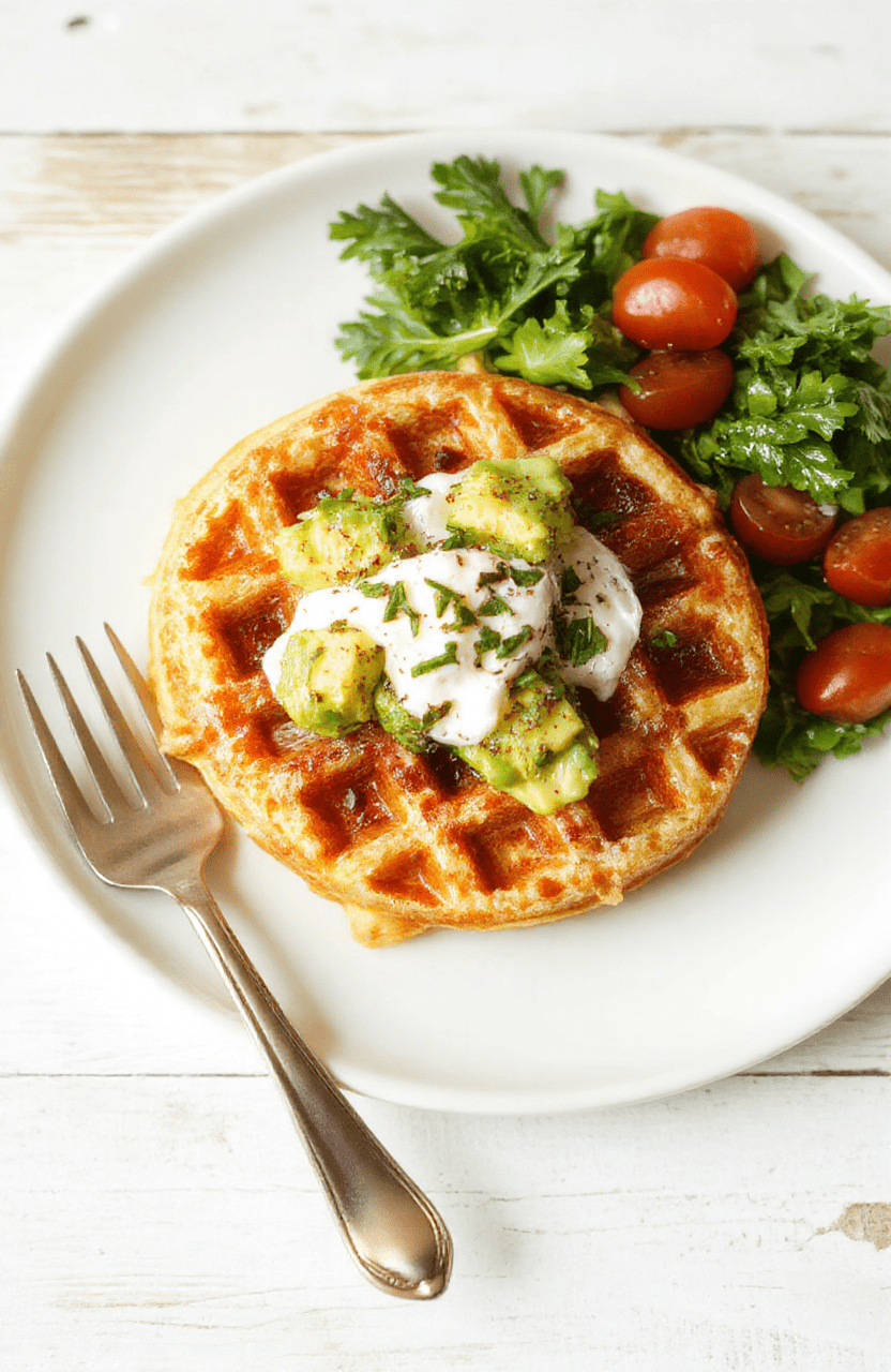 Golden potato waffles stacked on a white plate with avocado slices, a dollop of Greek yogurt, chopped chives, and cherry tomatoes, crisp edges and fluffy centers, bright natural light.