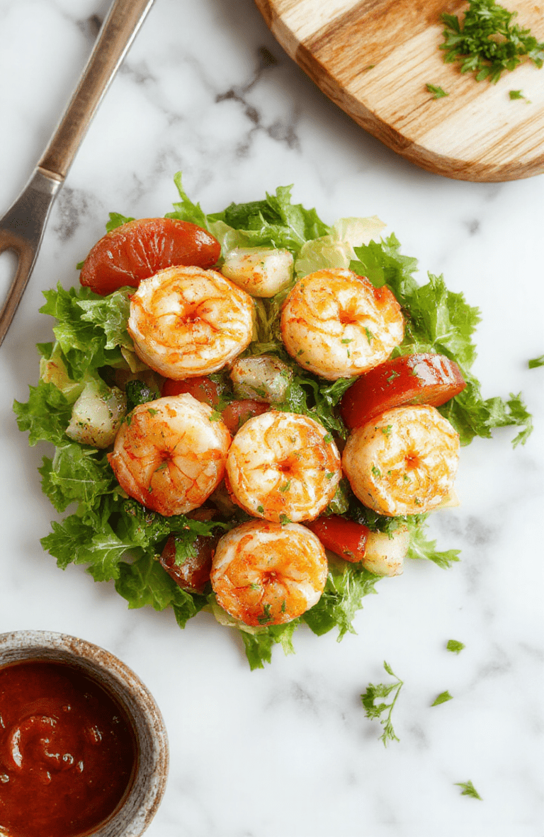 Colorful shrimp salad plated in a white bowl on a clean table. A bed of mixed greens hosts plump pink shrimp, cucumber ribbons, cherry tomatoes, avocado chunks, and red onion, all coated in a shimmering lemon-Dijon dressing. Fresh herbs sprinkle the top for color and aroma, with a bright lemon wedge on the side.