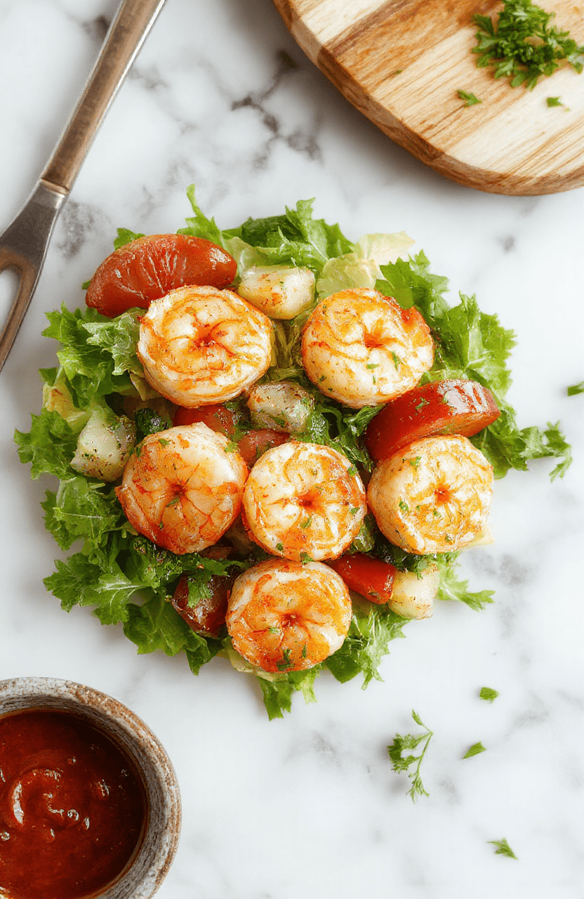 Colorful shrimp salad plated in a white bowl on a clean table. A bed of mixed greens hosts plump pink shrimp, cucumber ribbons, cherry tomatoes, avocado chunks, and red onion, all coated in a shimmering lemon-Dijon dressing. Fresh herbs sprinkle the top for color and aroma, with a bright lemon wedge on the side.