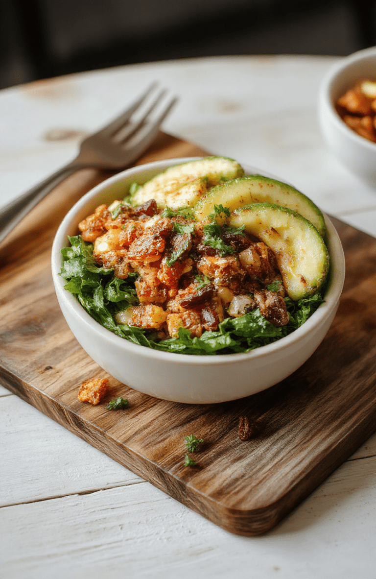 A vibrant Healthy Smash Burger Bowl in a white bowl on a light wood surface. The bowl shows crumbled juicy beef patties over cauliflower rice, topped with crisp lettuce, avocado slices, diced tomato, pickles, and melted cheese. Bright greens and reds contrast with creamy avocado, while a drizzle of sauce adds shine. The presentation is clean, colorful, and inviting with a casual, restaurant-style plating.