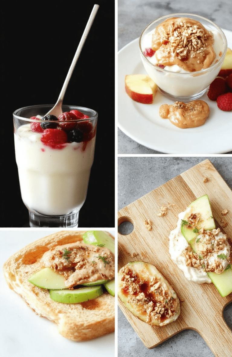 A vibrant, well-lit kitchen scene showing three quick snack ideas: creamy yogurt parfait with berries in a clear glass, crisp apple slices topped with peanut butter and a sprinkle of granola on a white plate, and a veggie dip platter with carrot and cucumber sticks arranged beside hummus on a wooden board. Bright colors, fresh ingredients, and inviting textures create a healthy, family-friendly snack spread.