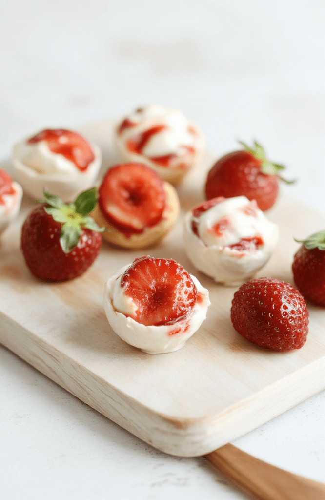 Close-up of six to eight round yogurt bites on a white plate, creamy white Greek yogurt with visible strawberry pieces, specks of vanilla, topped with tiny strawberry halves and a sprinkle of chia seeds, arranged on a pale marble surface with a gentle dusting of crushed nuts; natural daylight, clean, fresh, and inviting.