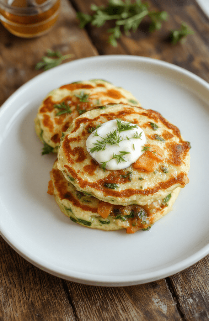 A stack of golden brown veggie pancakes on a white plate, with visible zucchini ribbons, grated carrot, and spinach in the batter. The plate is garnished with a dollop of yogurt and fresh herbs, set on a rustic wooden board with colorful vegetables in the background, showcasing a fresh, healthy, and inviting breakfast.