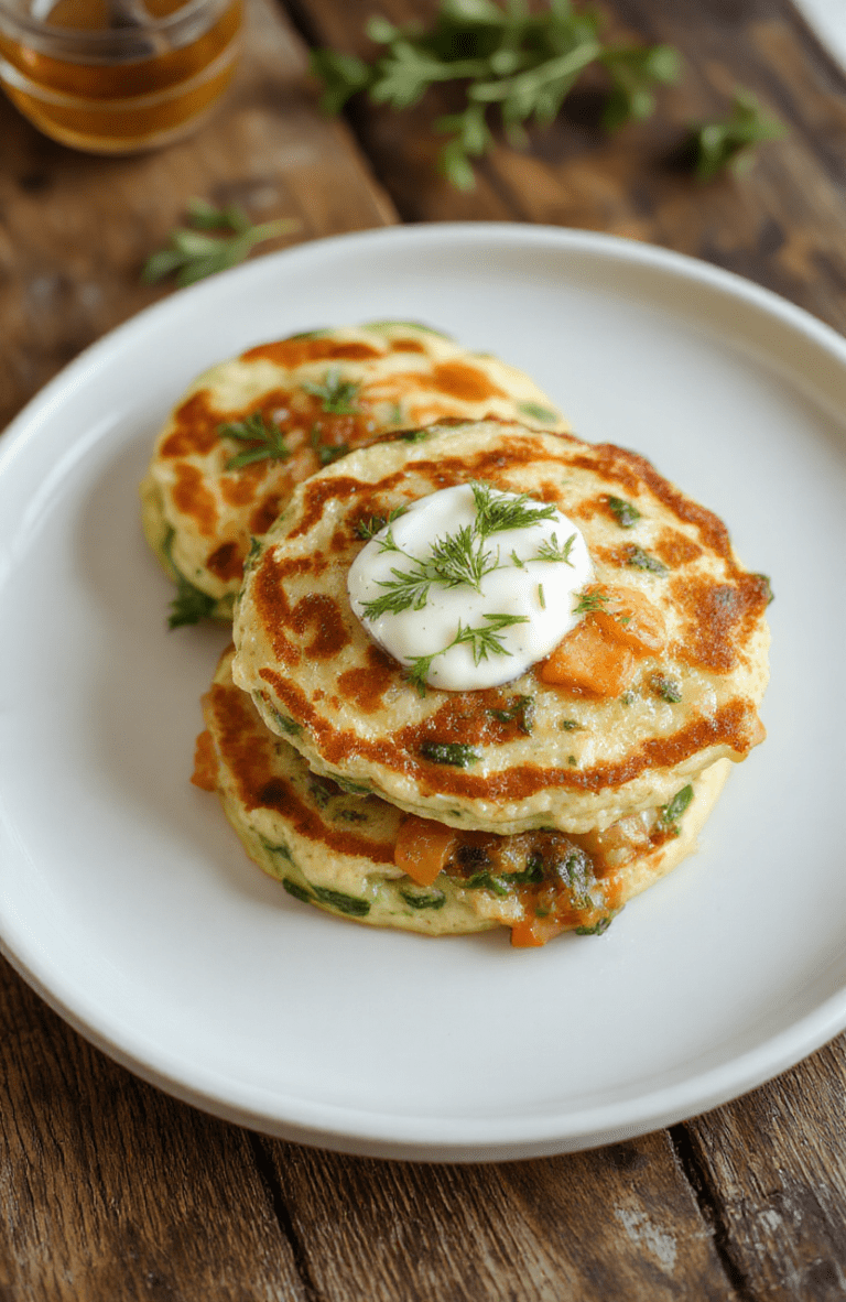 A stack of golden brown veggie pancakes on a white plate, with visible zucchini ribbons, grated carrot, and spinach in the batter. The plate is garnished with a dollop of yogurt and fresh herbs, set on a rustic wooden board with colorful vegetables in the background, showcasing a fresh, healthy, and inviting breakfast.