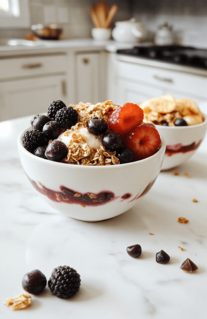 A creamy yogurt granola breakfast bowl topped with golden granola clusters, fresh blueberries and sliced strawberries, chia seeds, and a drizzle of honey. Served in a white bowl on a light wood surface with soft natural light and subtle shadows, styled simply for an inviting healthy breakfast.