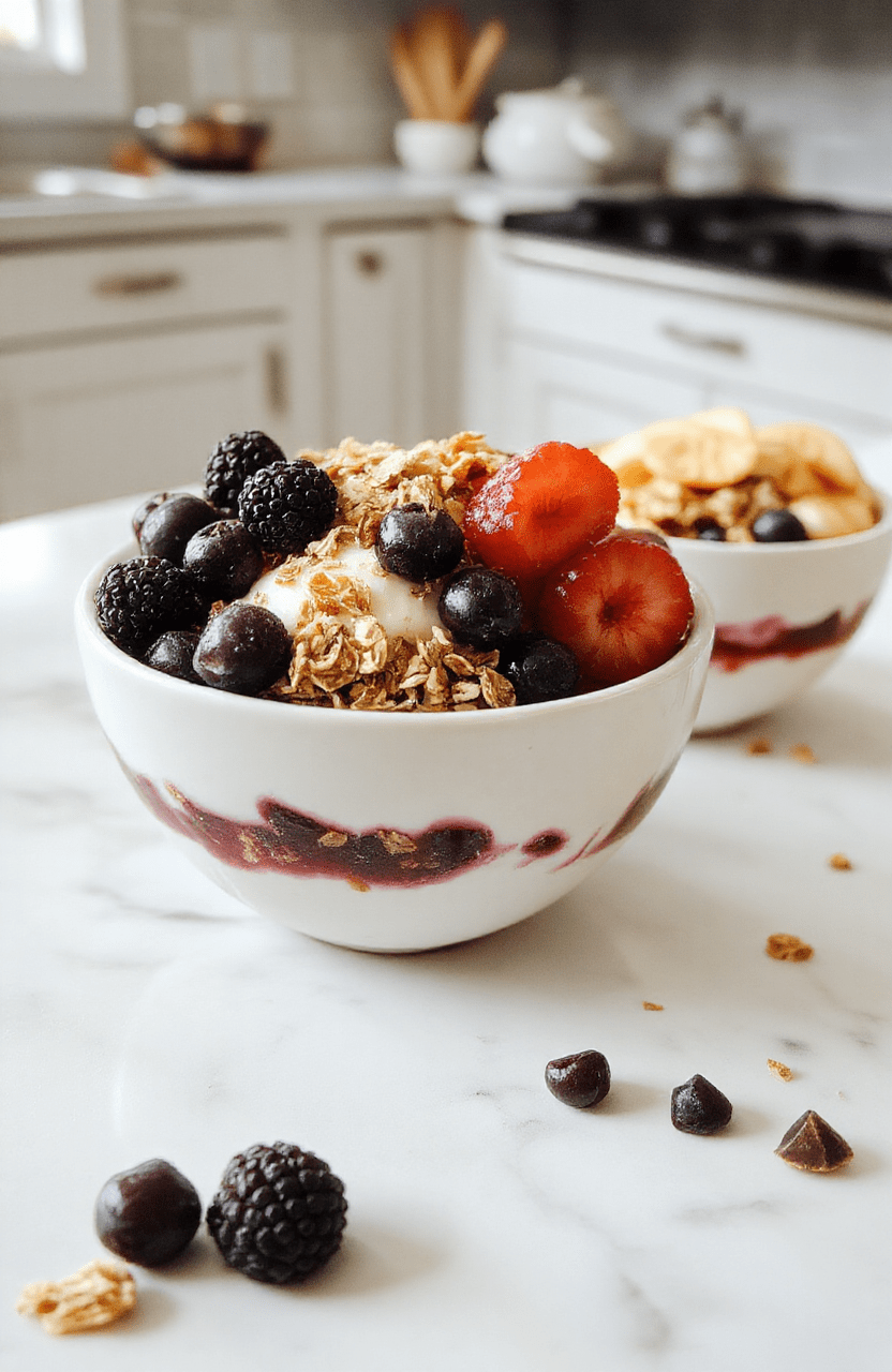 A creamy yogurt granola breakfast bowl topped with golden granola clusters, fresh blueberries and sliced strawberries, chia seeds, and a drizzle of honey. Served in a white bowl on a light wood surface with soft natural light and subtle shadows, styled simply for an inviting healthy breakfast.