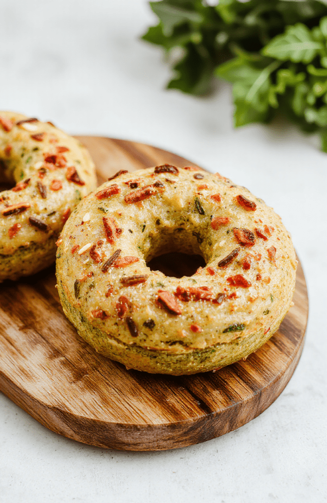 Two golden zucchini bagels on a white plate with sesame seeds, a sharp knife and a small bowl of cream cheese in the background, on a light wooden surface, bright natural light and crisp textures.
