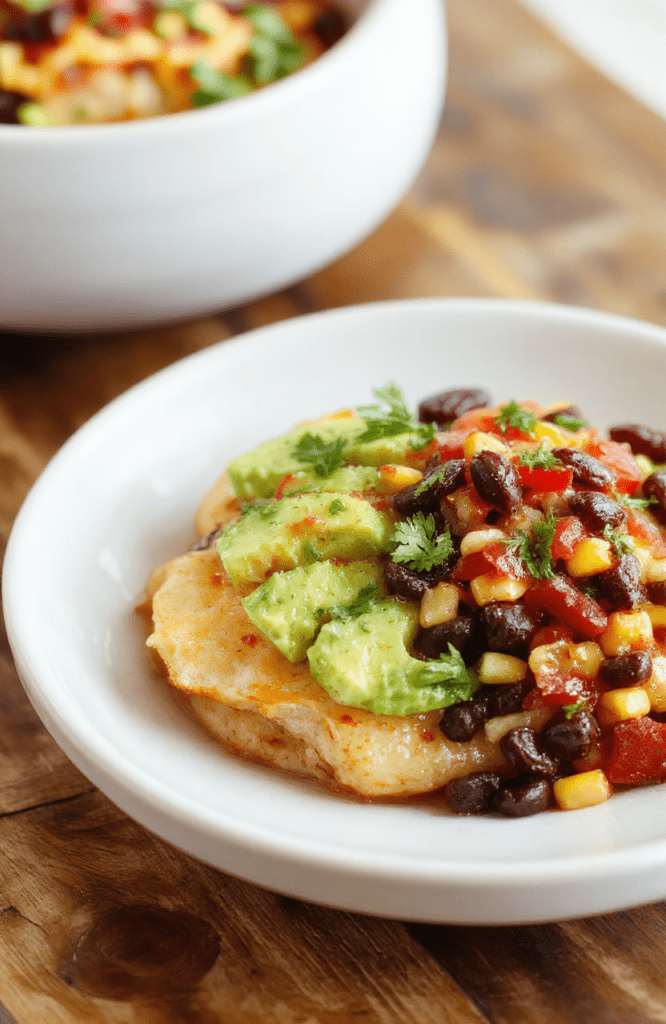 A vibrant potato taco bowl sits in a white shallow bowl on a warm wooden table. Creamy mashed potato base topped with black beans, corn, pico de gallo, avocado slices, shredded cheddar cheese, and bright cilantro. A lime wedge and a drizzle of yogurt sauce add freshness; textures range from creamy potatoes to crisp veggies; the plating is colorful and inviting.