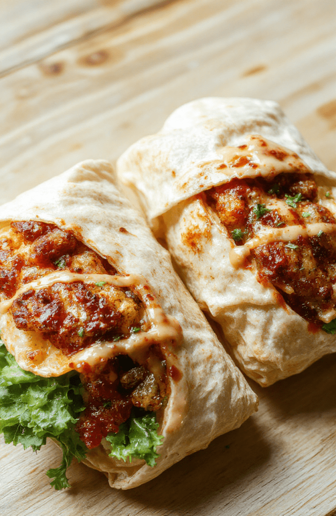 A vibrant plate of four protein-packed wraps on a rustic wooden board, sliced to reveal shredded chicken, black beans, corn, red pepper, lettuce, and a dollop of lime yogurt sauce. The wraps are wrapped in whole wheat tortillas with a hint of melted cheese, fresh cilantro, and lime wedges on the side. Bright, colorful, crisp textures, inviting and wholesome.