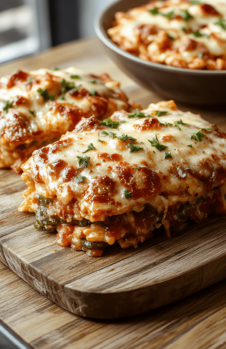 Golden lasagna slices with bubbling cheese and savory meat sauce layered between tender pasta, plated on a rustic white platter with a sprinkle of parsley, crusty garlic bread on the side, warm holiday lighting, and a cozy table setting.