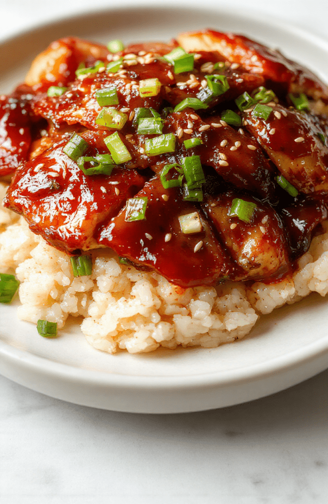 A glossy lacquered Char Siu Chicken slice sits on a white plate, sliced into ribbons over steamed rice, topped with sesame seeds and thin scallions; the deep red glaze glows, edges are caramelized, and the plate is clean and simple.