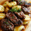 Juicy, caramelized garlic steak bites mingle with crispy potatoes on a warm wooden board, finished with parsley and a glossy pan sauce; golden sear marks and garlic butter glaze.