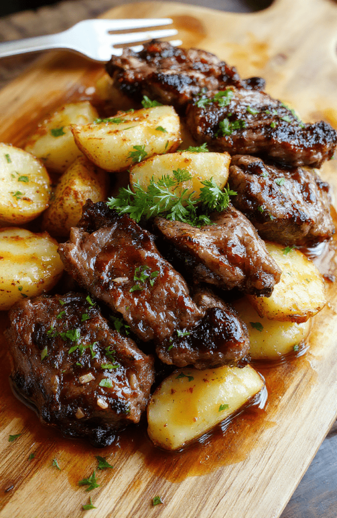 Juicy, caramelized garlic steak bites mingle with crispy potatoes on a warm wooden board, finished with parsley and a glossy pan sauce; golden sear marks and garlic butter glaze.