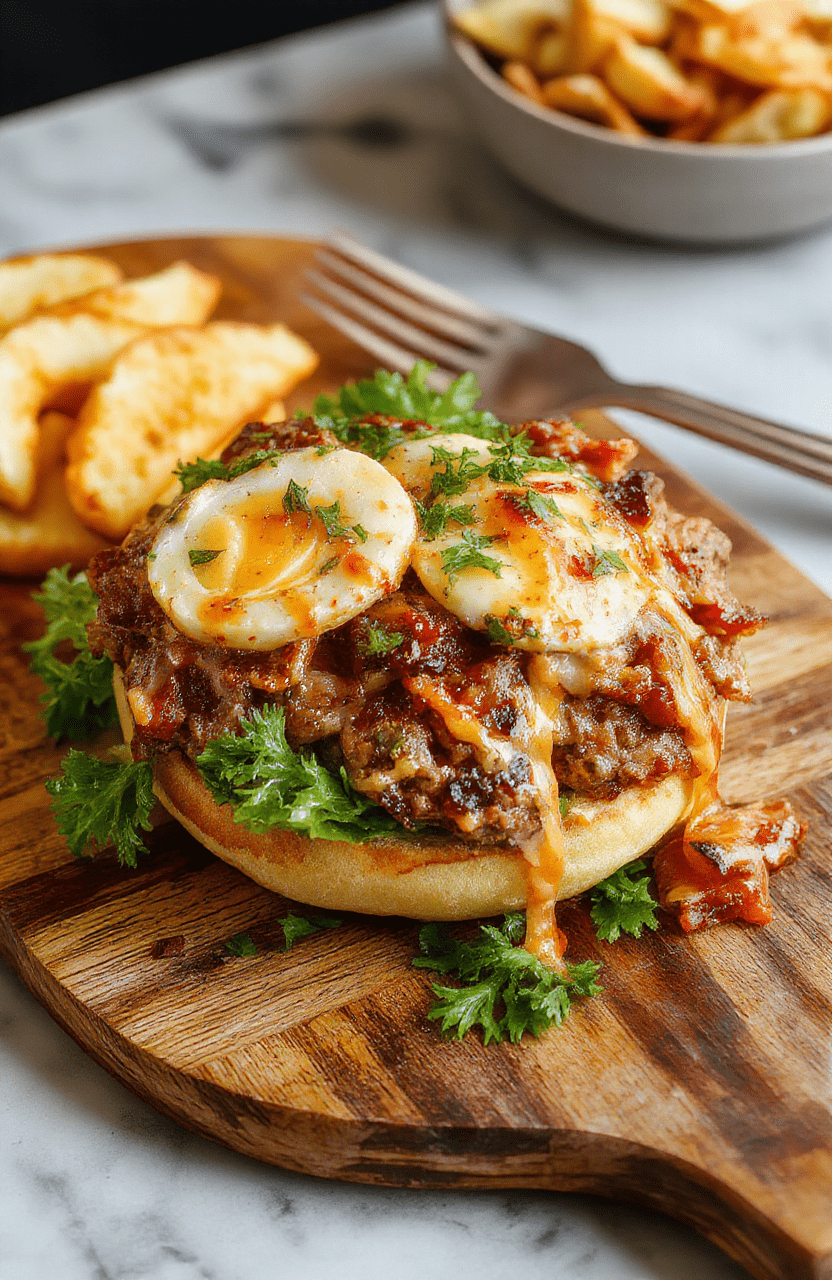 A close-up of a juicy smashed beef burger bowl on a bed of cauliflower rice, topped with melted cheddar, crisp lettuce, tomato and pickle slices, finished with a creamy aioli drizzle and fresh herbs; vibrant colors, glossy textures, and a clean white bowl on a warm wooden table.