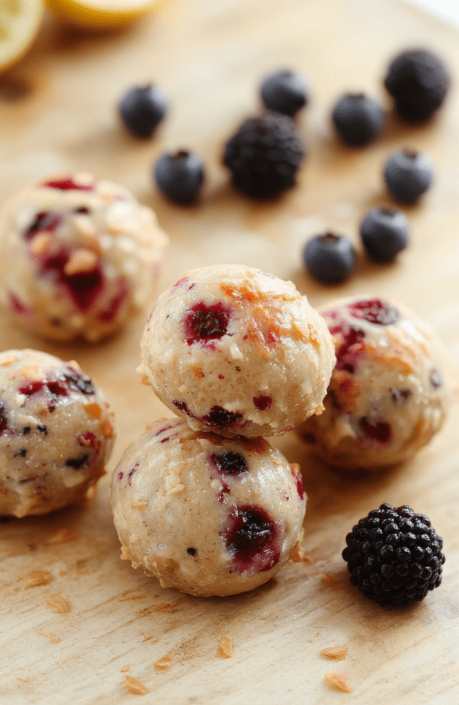 Bright, sunny kitchen scene featuring a pale blue plate stacked with bite-sized lemon-blueberry protein bites. The bites are speckled with lemon zest and blueberries, with a glossy honey glaze. A few fresh blueberries, lemon twists, and a light dusting of powdered sugar surround the plate on a soft marble countertop. The background is blurred, emphasizing the crisp texture and vibrant colors of the snacks.