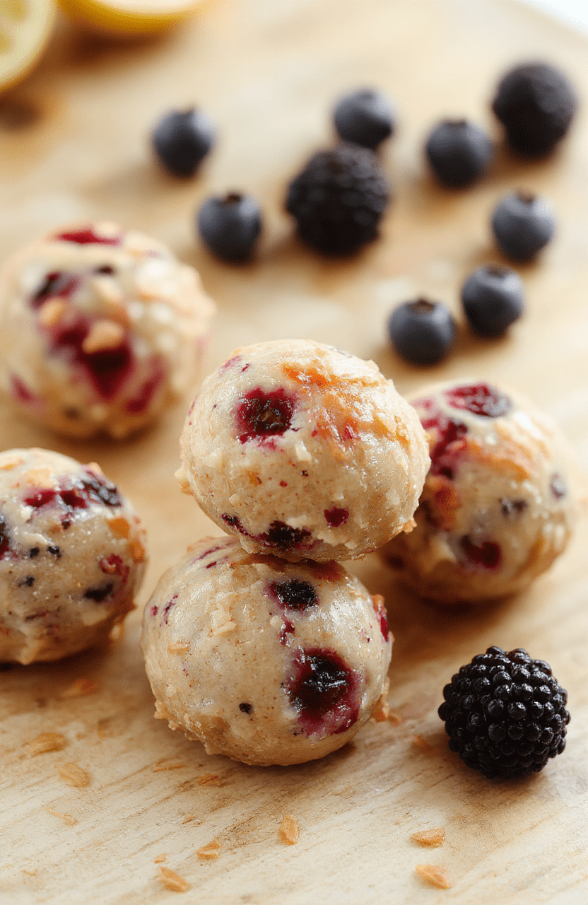 Bright, sunny kitchen scene featuring a pale blue plate stacked with bite-sized lemon-blueberry protein bites. The bites are speckled with lemon zest and blueberries, with a glossy honey glaze. A few fresh blueberries, lemon twists, and a light dusting of powdered sugar surround the plate on a soft marble countertop. The background is blurred, emphasizing the crisp texture and vibrant colors of the snacks.
