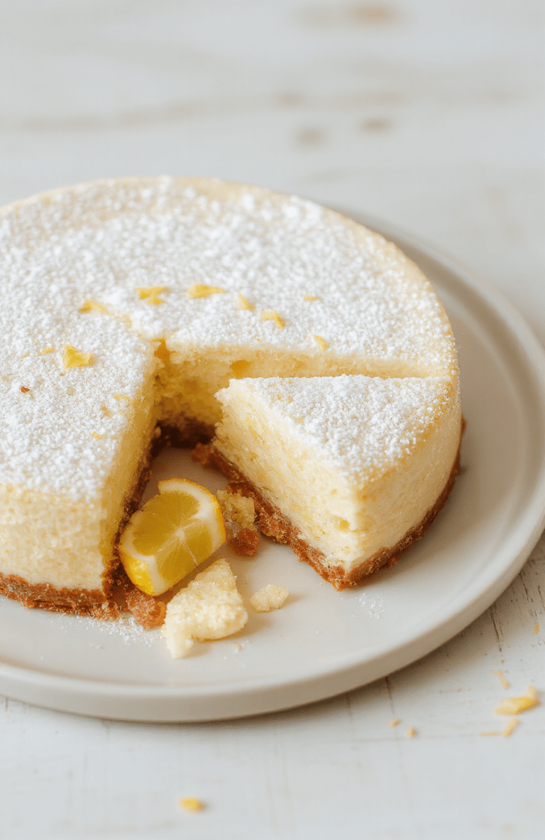 Ultra-light, pale-yellow cotton cheesecake slice on a white plate, airy crumb visible, dusted with powdered sugar, lemon zest specks, served on a light wooden board with a clean, minimalist backdrop; subtle gloss from butter and milk.