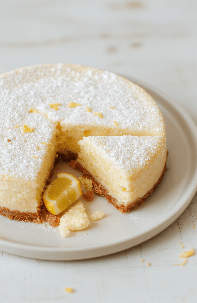 Ultra-light, pale-yellow cotton cheesecake slice on a white plate, airy crumb visible, dusted with powdered sugar, lemon zest specks, served on a light wooden board with a clean, minimalist backdrop; subtle gloss from butter and milk.