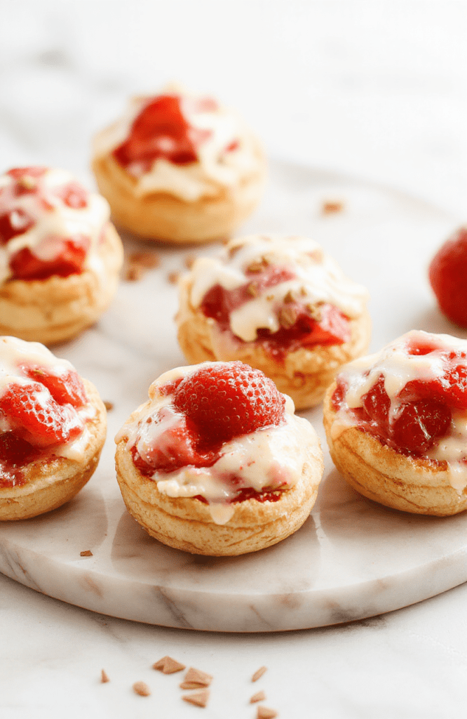 Golden light choux pastry shells cradle a pale pink strawberry cream filling on a clean white plate. Fresh strawberry slices and a light dusting of powdered sugar add color, while a pastel backdrop completes the dessert-focused scene.