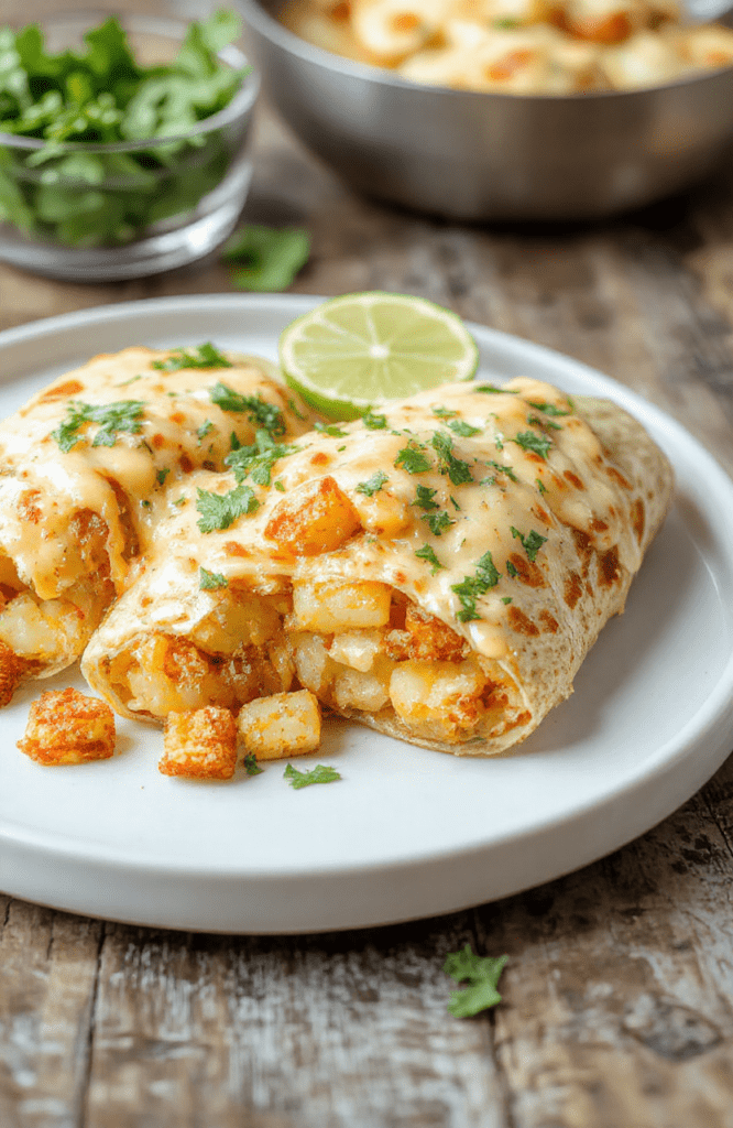 Golden loaded cheesy potato burritos on a white plate, diced potatoes, black beans, corn and melted cheddar spilling from a warm tortilla, garnished with cilantro on a rustic table.