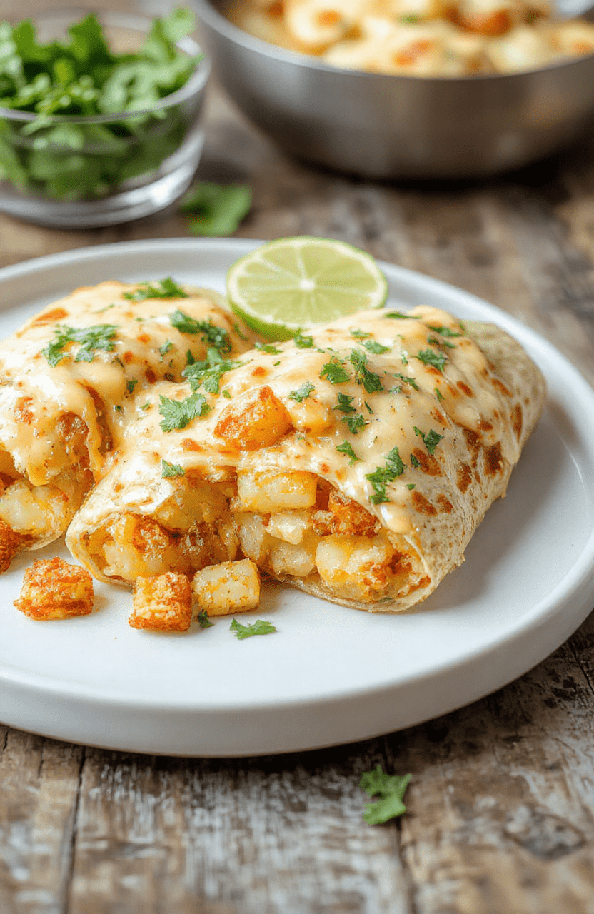 Golden loaded cheesy potato burritos on a white plate, diced potatoes, black beans, corn and melted cheddar spilling from a warm tortilla, garnished with cilantro on a rustic table.