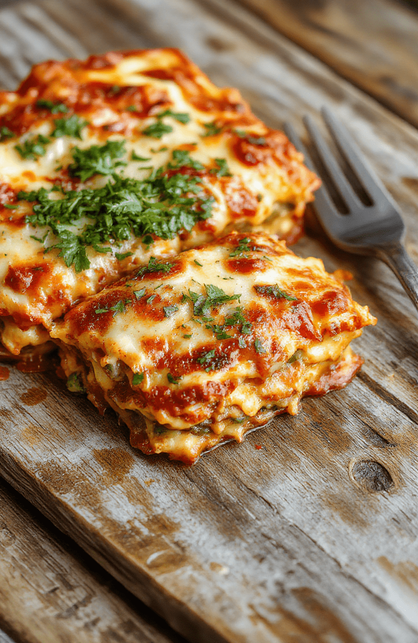Golden million dollar lasagna in a square baking dish, steaming slices reveal creamy ricotta and gooey mozzarella layered with meaty tomato sauce, finished with basil, Parmesan, and a golden crust on a rustic wooden surface.