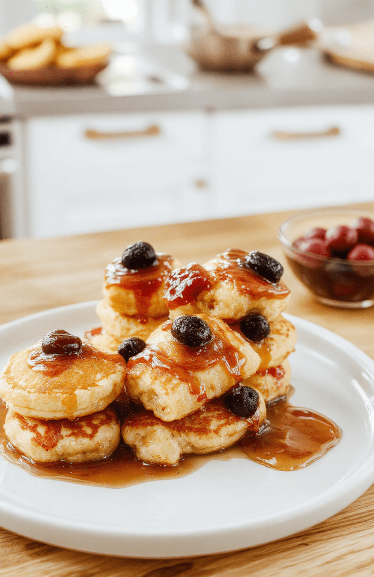 Golden mini pancake skewers stacked with blueberries, strawberry halves, and banana rounds on a light wooden board. Fluffy pancakes, a drizzle of maple syrup, and a sprinkling of powdered sugar create a colorful, kid-friendly breakfast tableau on a pastel plate with soft morning light.