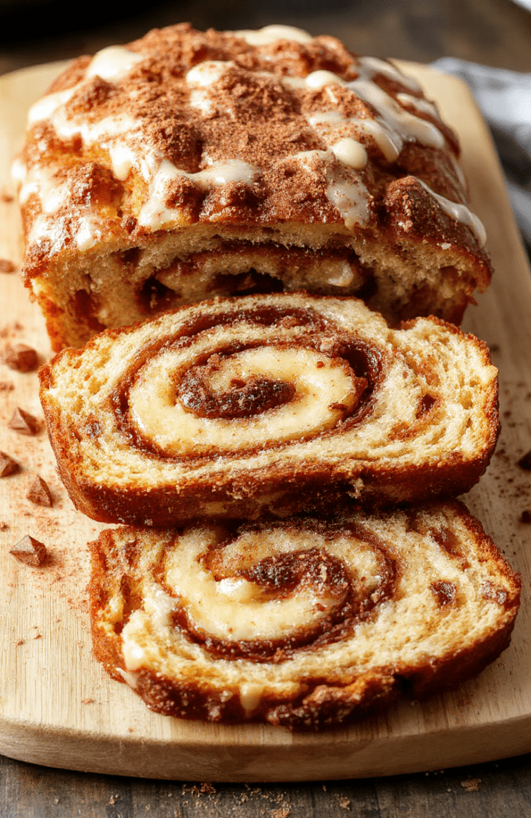 A tall loaf of Moist Cinnamon Roll Banana Bread sits on a rustic wood board, sliced to reveal swirls of cinnamon and creamy glaze. Warm spices dust the crust, a pat of butter melts on a slice, and a cup of coffee adds cozy contrast.