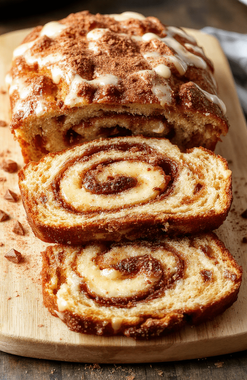 A tall loaf of Moist Cinnamon Roll Banana Bread sits on a rustic wood board, sliced to reveal swirls of cinnamon and creamy glaze. Warm spices dust the crust, a pat of butter melts on a slice, and a cup of coffee adds cozy contrast.