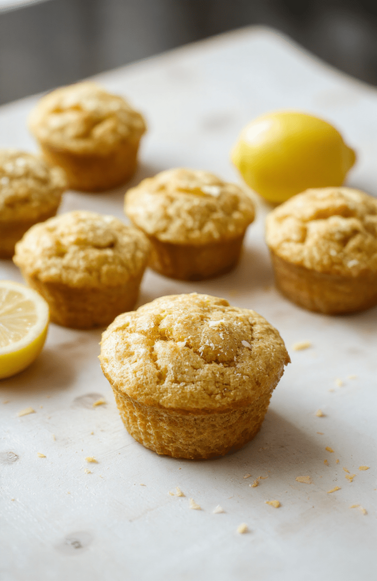 Bright lemon yogurt muffins on a white plate with lemon zest sprinkled on top, a lemon wedge beside them on a light marble surface, soft natural light and clean minimalist styling.